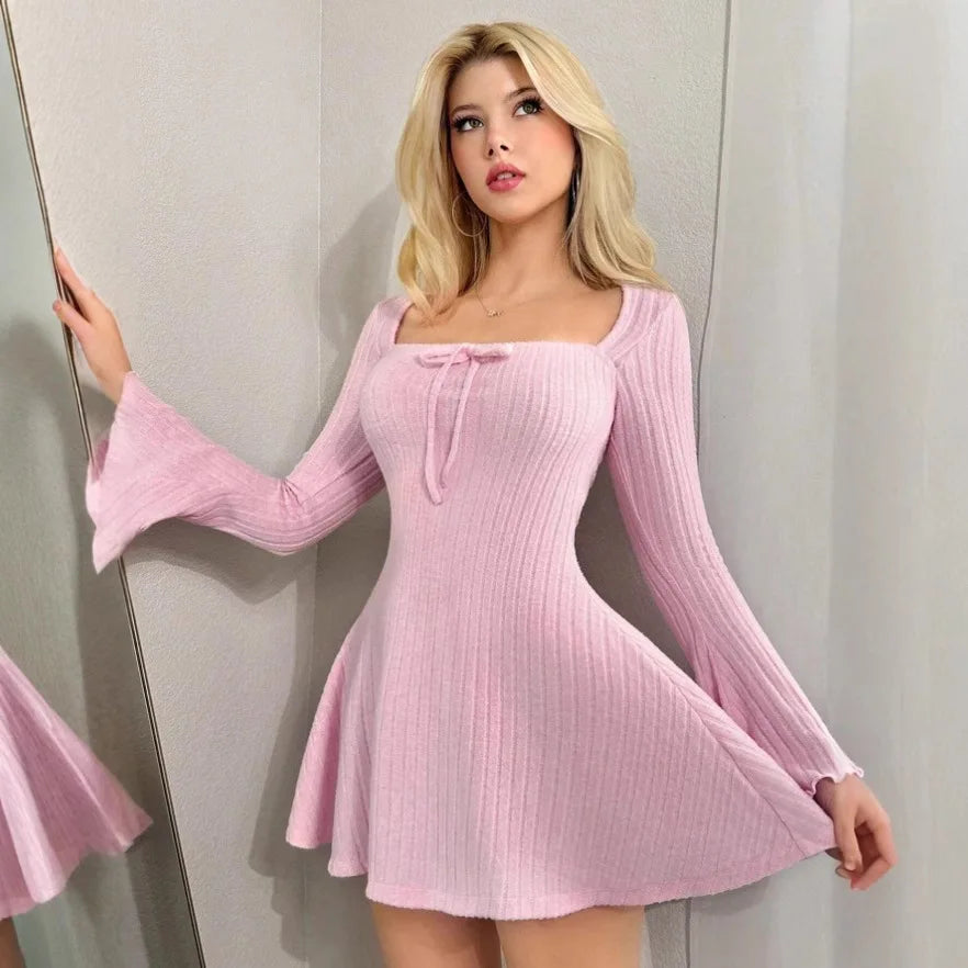 Ropa Mujer Women'S Knit Long Sleeve Mini Dress Square Neck Flared Sleeve A-Line Dress Casual Party Dress Multi-Color