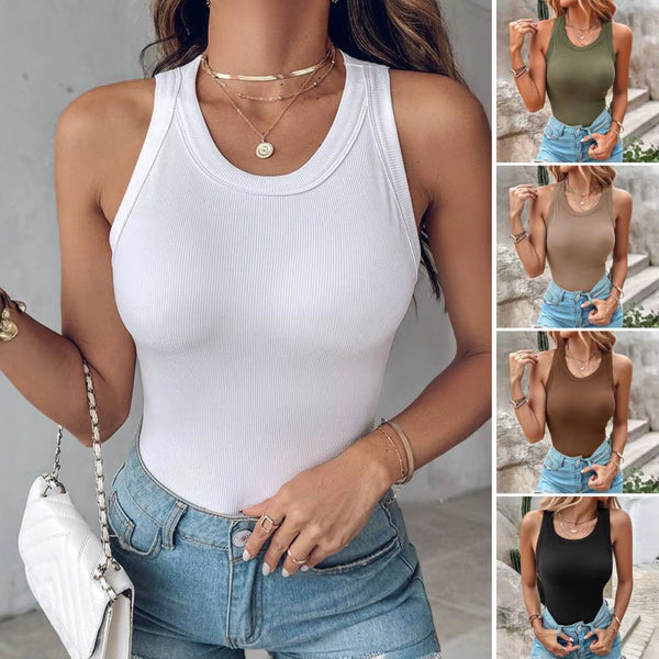 2026 Women Ribbed Tank Top Knitted Camisole with Built-In Bra Casual Crew Neck Sleeveless Basic Tee Shirt Women Tank Top 85%